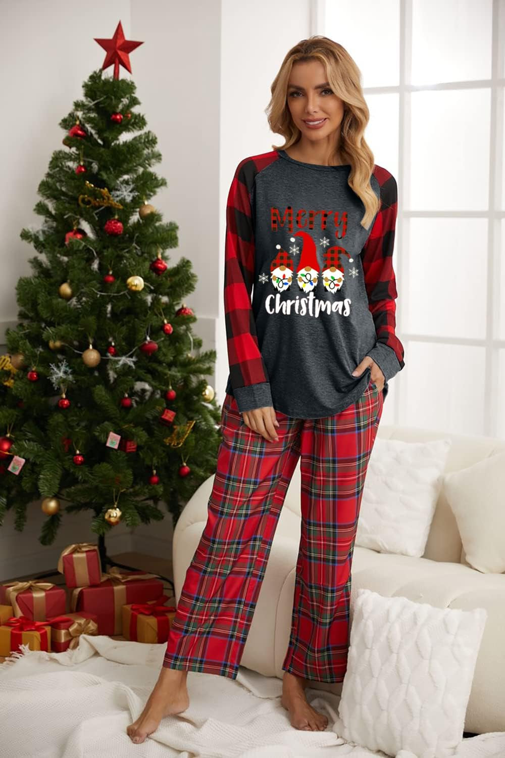Christmas Shirts for Women Gnomes T-Shirt Candy Canes Plaid Tshirts | Merry Christmas Long Sleeve Shirt Xmas Shirts Raglan Gnome Tee Candy Cane Pullover Plaid Stripes Holiday Vacation Tops