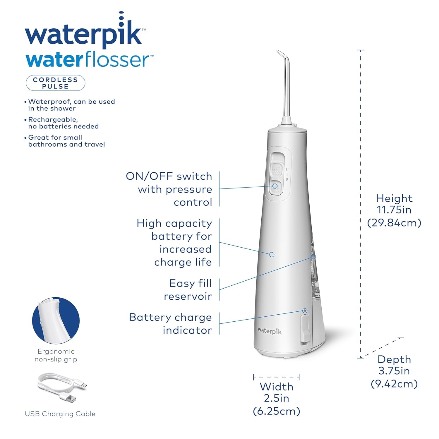 Cordless Pulse Rechargeable Portable Water Flosser for Teeth, Gums, Braces Care and Travel with 2 Flossing Tips, Waterproof, ADA Accepted, WF-20 White