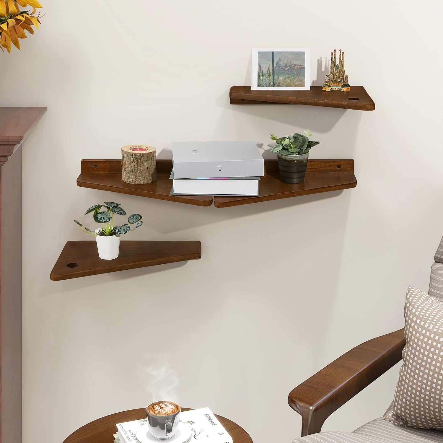 Floating Nightstand Set of 2 Walnut Bedside Shelf for Small Spaces | Wall Mounted Bedside Table with Cable Hole, Wooden Versatile Storage Organizer for Bedroom, Trapezoidal Design, Space Saving