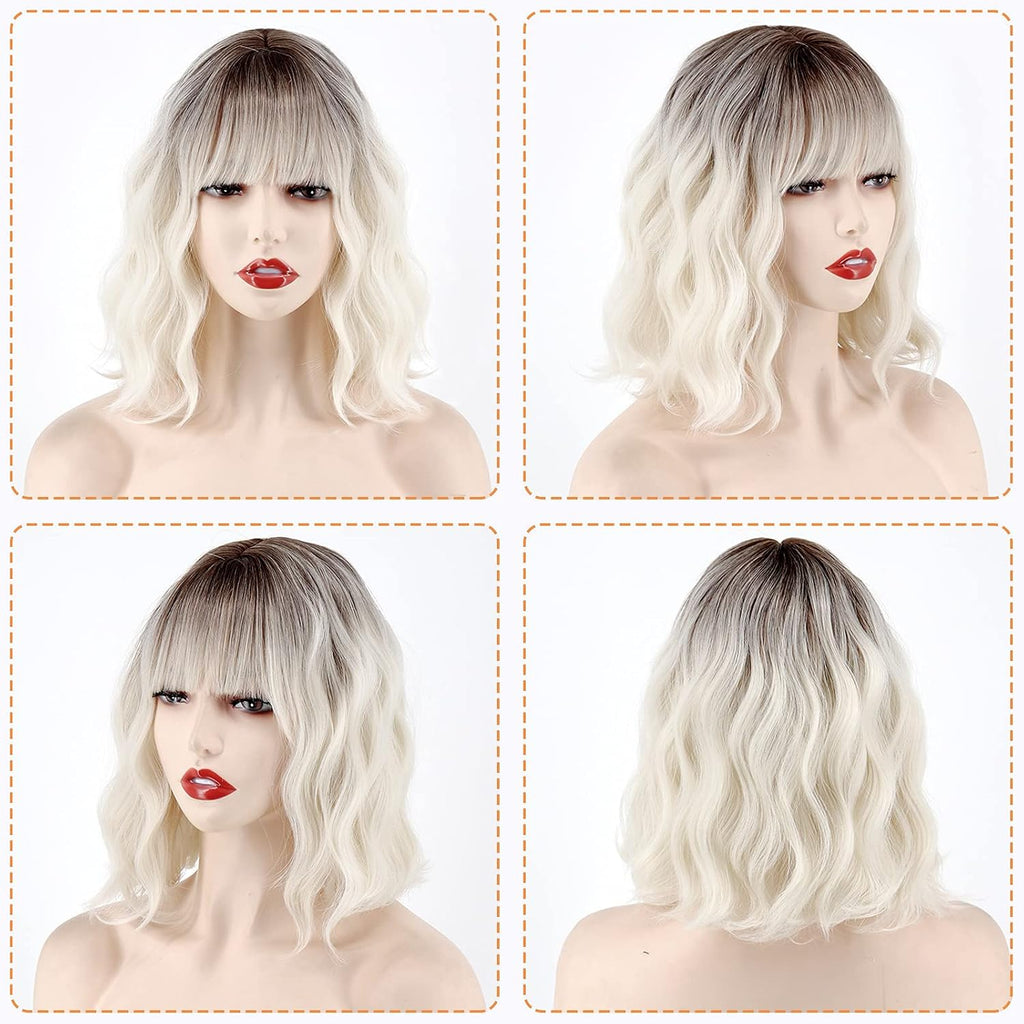 Short Platinum Blonde Wavy Wig with Bangs,Dark Roots Short White Blonde Wig for Women,Middle Part Cosplay Blonde Wigs Natural Looking for Daily Use