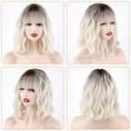 Short Platinum Blonde Wavy Wig with Bangs,Dark Roots Short White Blonde Wig for Women,Middle Part Cosplay Blonde Wigs Natural Looking for Daily Use