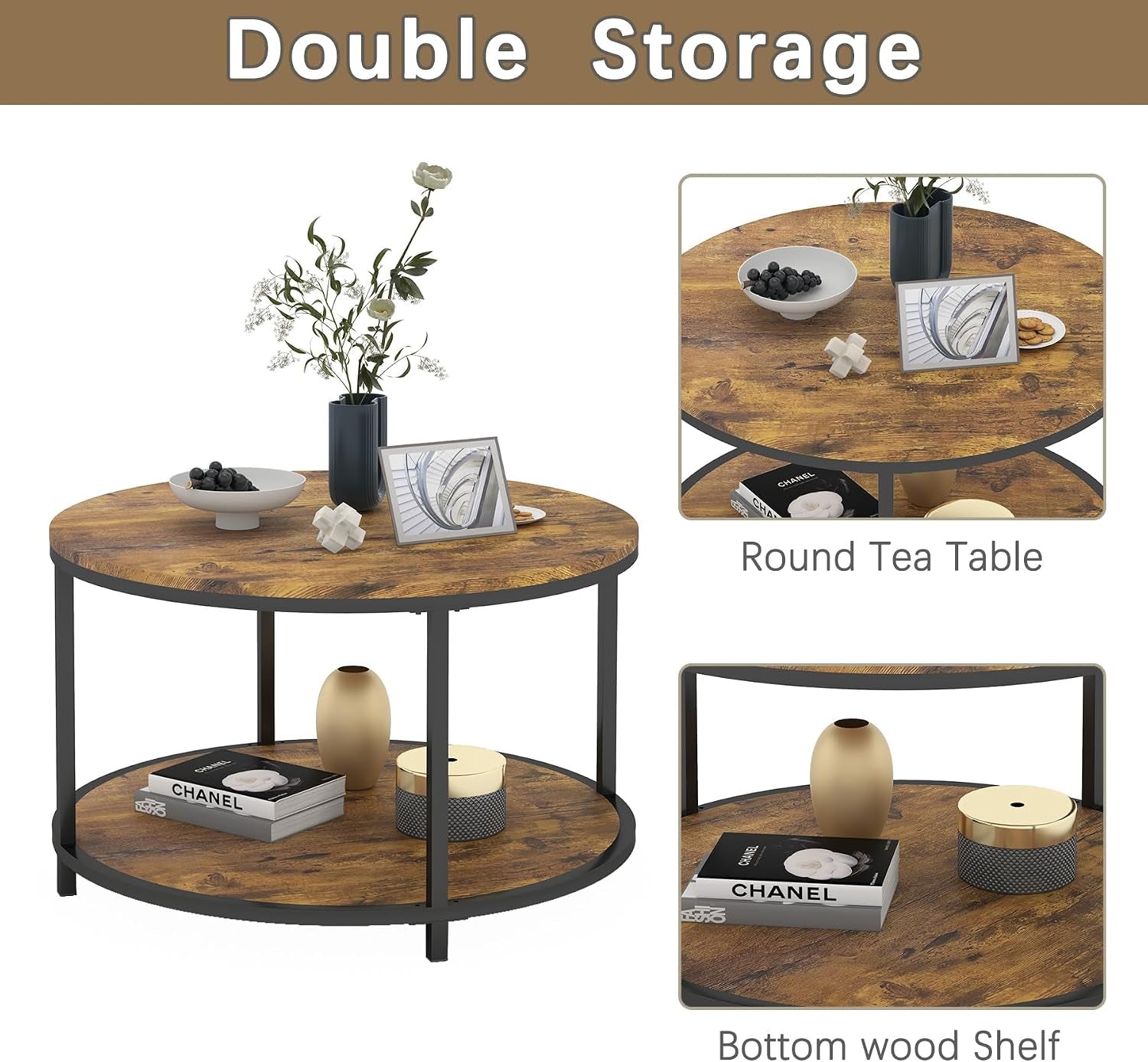 round Coffee Table, 25.6" Small Coffee Table for Living Room,2-Tier Rustic Wood Desktop with Storage Shelf Modern Design Home Furniture(Brown)