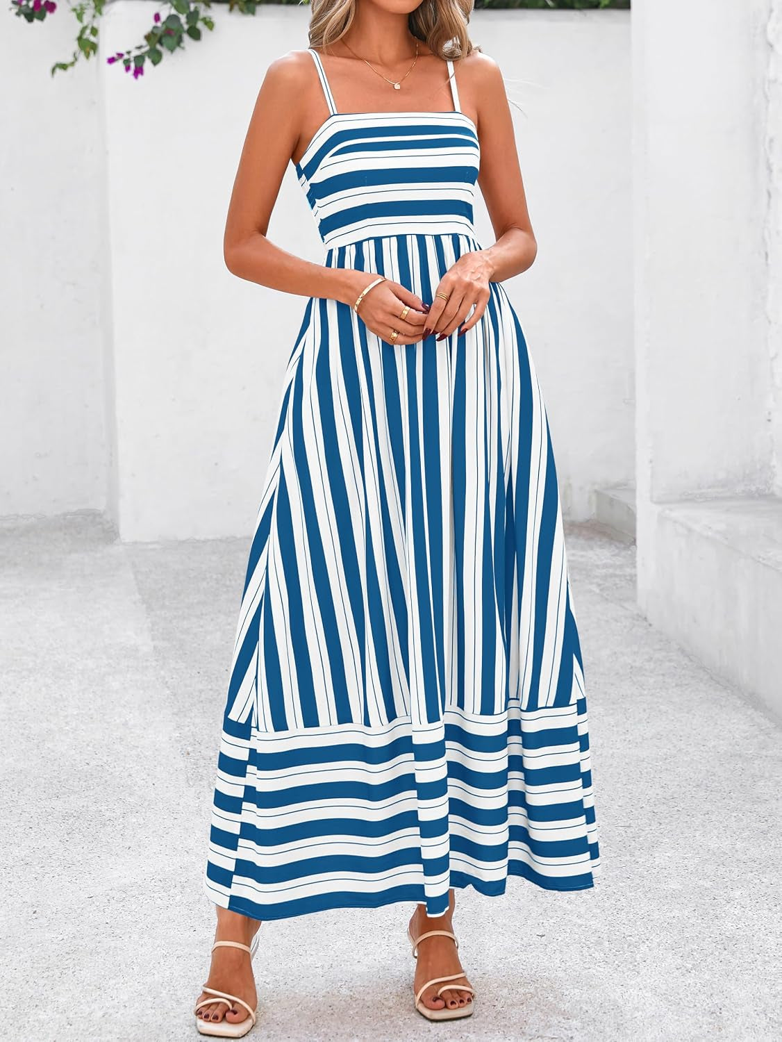 Womens Boho Floral Striped Summer Maxi Dresses Spaghetti Strap | Summer 2026 Wedding Guest Beach Vacation Flowy Long Dress, Casual Square Neck Tiered Dress, Empire Waist a Line Dress Pockets