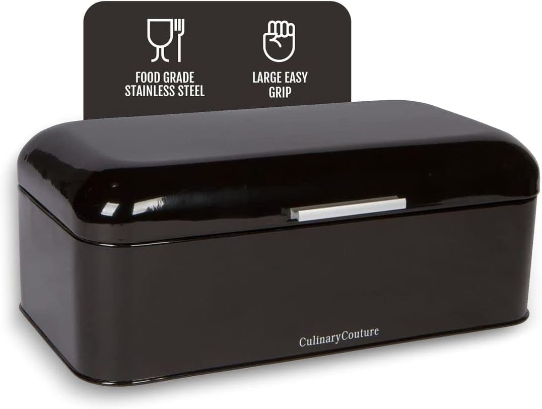 Extra Large Black Bread Box for Kitchen Countertop 16" X 9" Holds 2 Loaves | Stainless Steel Vintage Bread Boxes for Kitchen Counters