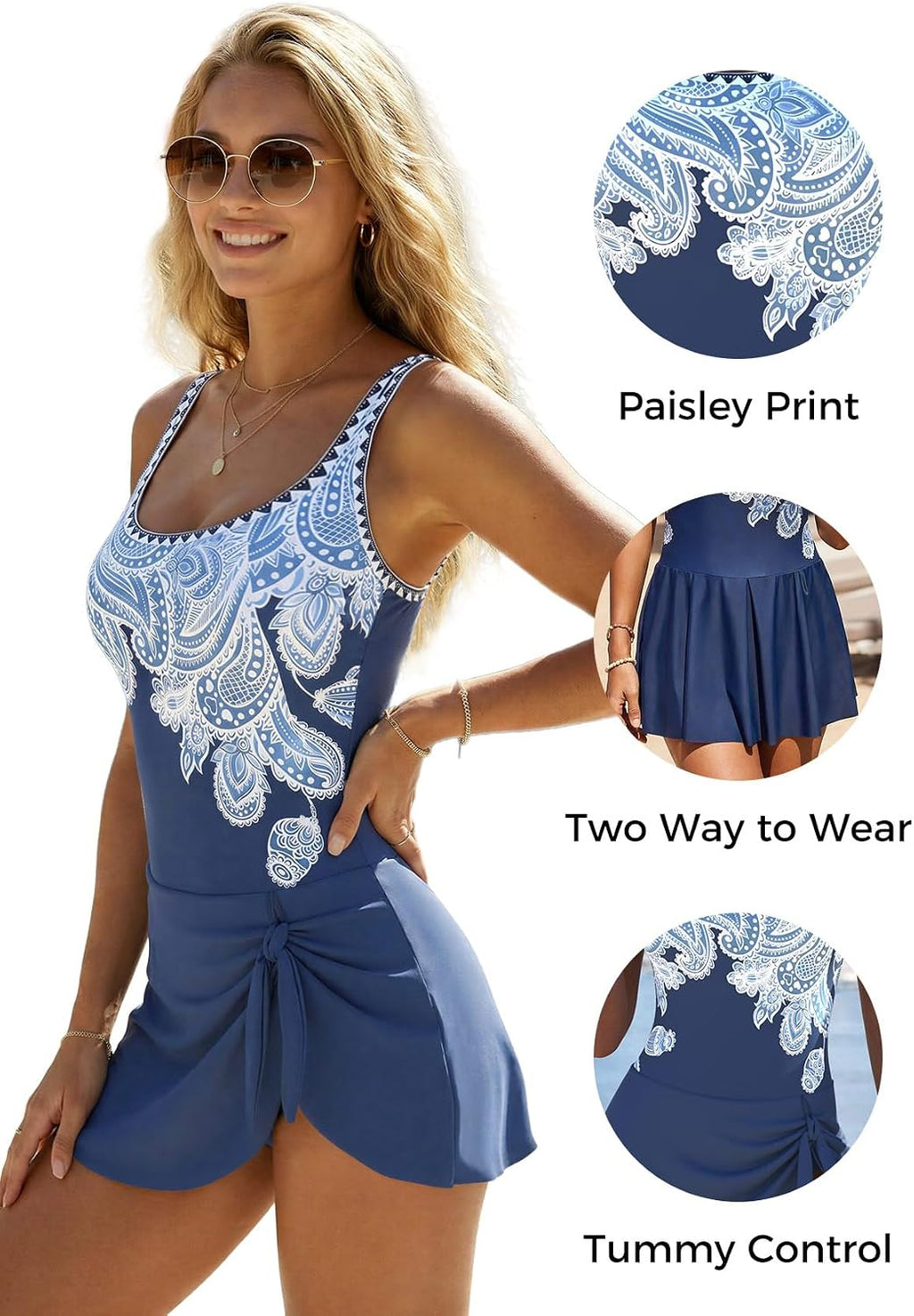 Womens Multiway One Piece Swimsuits Tummy Coverage Bathing Suits | Moderate Coverage Swimdress, Scoop Neck, Adjustable Straps, Removable Padding, Exquisite Prints, Perfect for Beach & Vacation