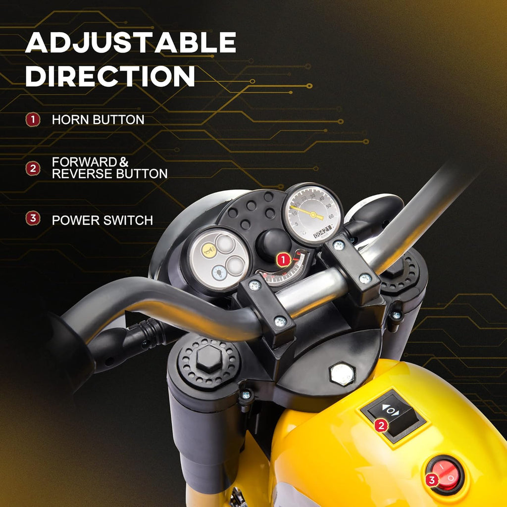 Electric Motorcycle for Kids 6V Ride-On 3-Wheels 18-36 M Yellow | Battery Powered, Dirt Bike, Motorbike, Horn, Headlights, Realistic Sounds Speed
