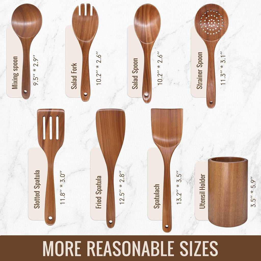 Wooden Cooking Utensils Set with Holder, 8 Pcs Teak Wood Kitchen Utensils for Nonstick Cookware, Wooden Spoons and Spatulas for Cooking, Farmhouse Kitchen Accessories