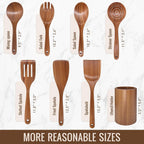 Wooden Cooking Utensils Set with Holder, 8 Pcs Teak Wood Kitchen Utensils for Nonstick Cookware, Wooden Spoons and Spatulas for Cooking, Farmhouse Kitchen Accessories