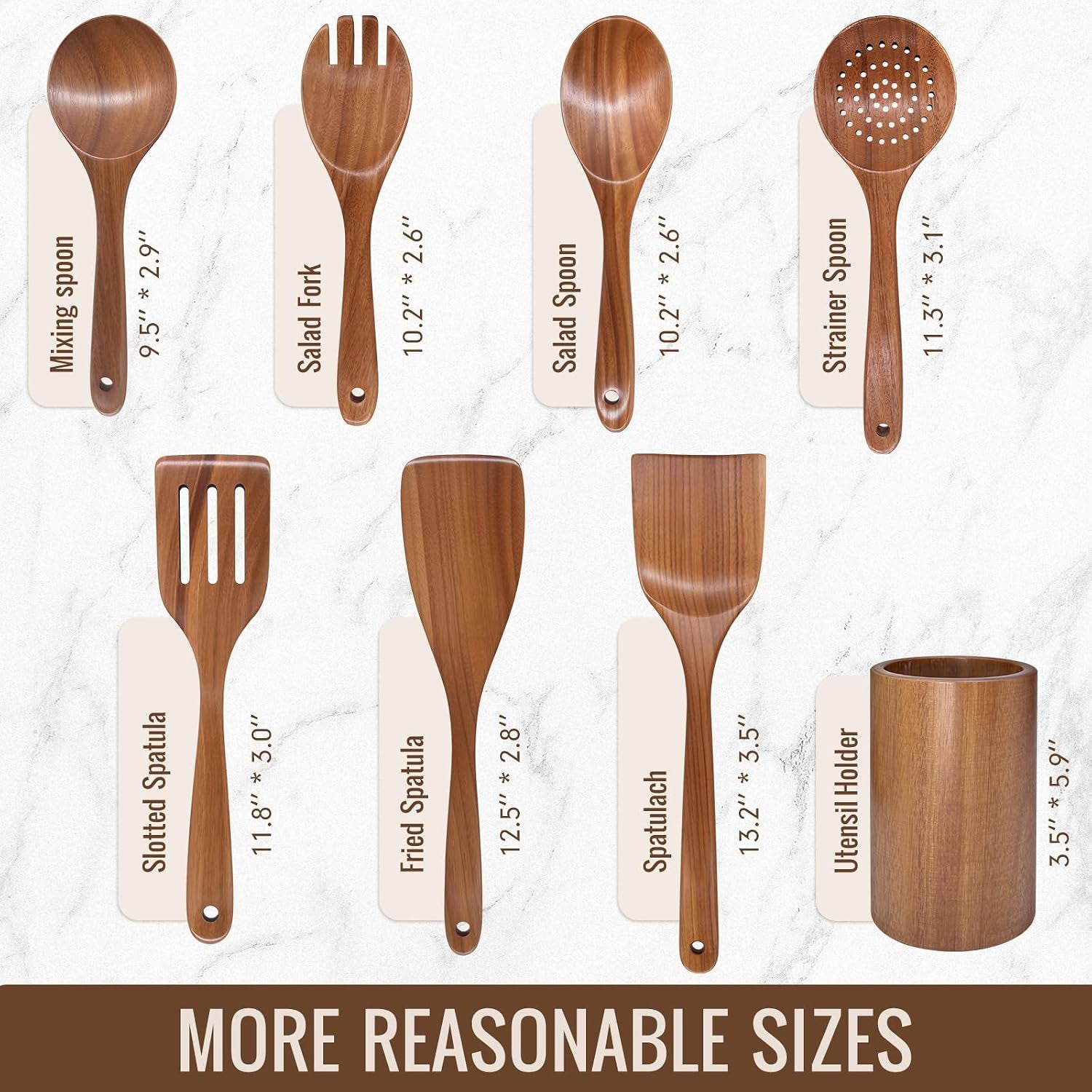 Wooden Cooking Utensils Set with Holder, 8 Pcs Teak Wood Kitchen Utensils for Nonstick Cookware, Wooden Spoons and Spatulas for Cooking, Farmhouse Kitchen Accessories