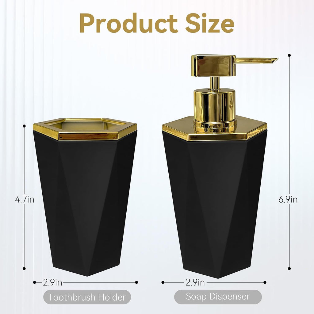 2 Piece Plastic Bathroom Accessories Set, Black Bathroom Sets Accessories | Soap Dispenser and Toothbrush Holder, Modern Bathroom Decor, Bathroom Sets Accessories