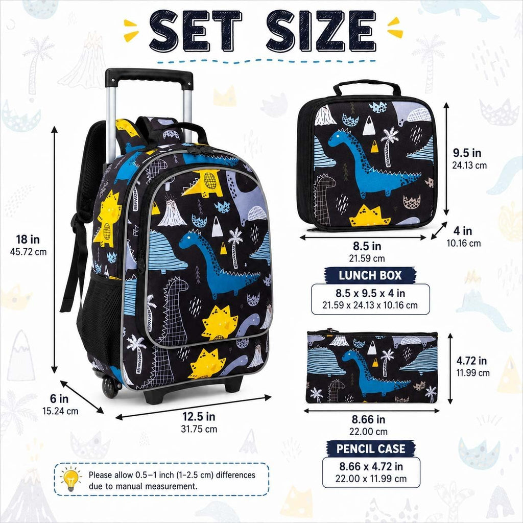 3PCS Rolling Backpack for Girls Boys, Kids Roller Wheels Bookbag, Wheeled School Bag with Lunch Bag