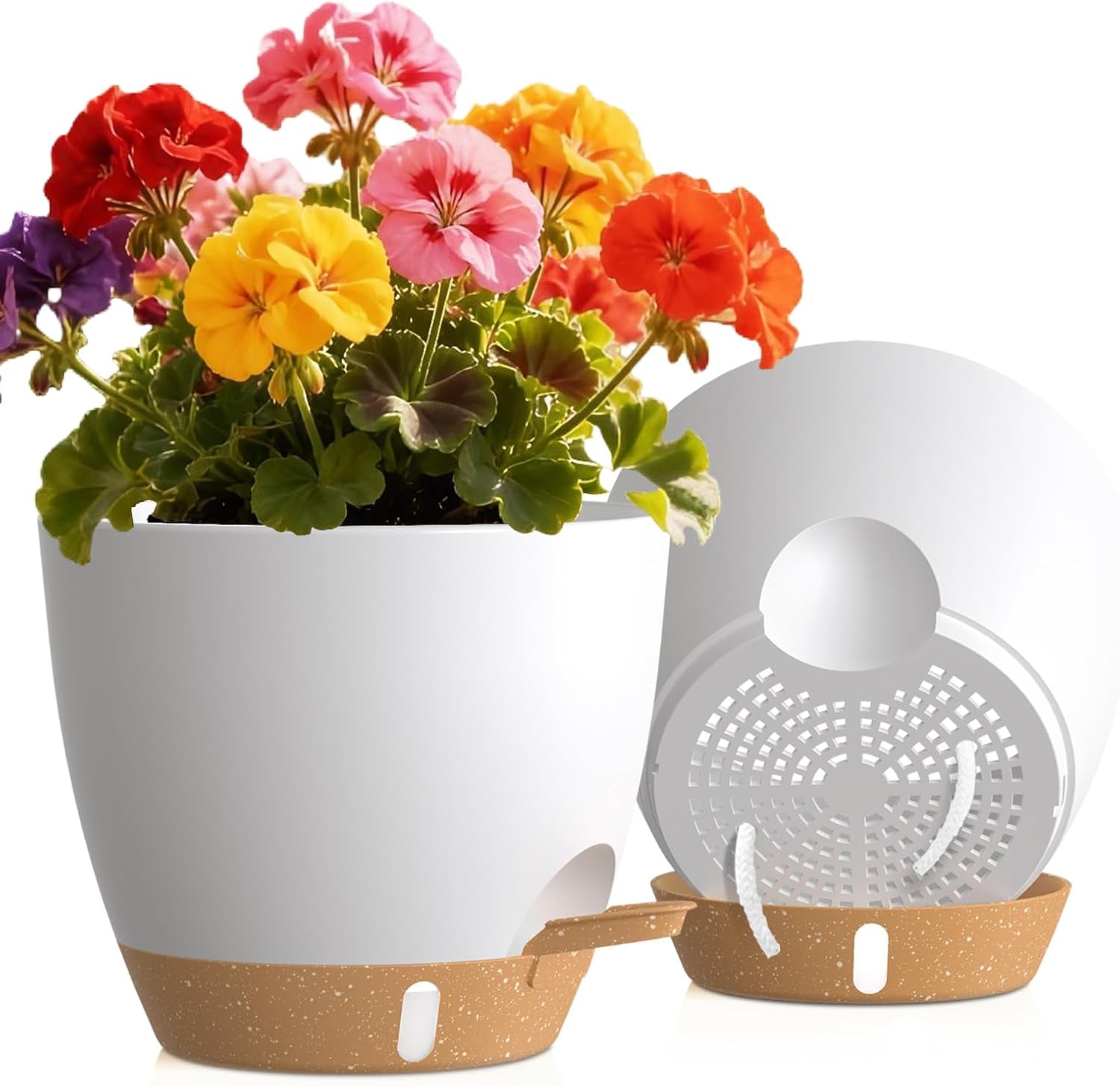 Self Watering Pots with Drainage Holes, 2 Pack 8 Inch Plant Pots with Water Level Indicator Deep Reservoir, Large Plastic Planter for Indoor Outdoor Plants - White Brown