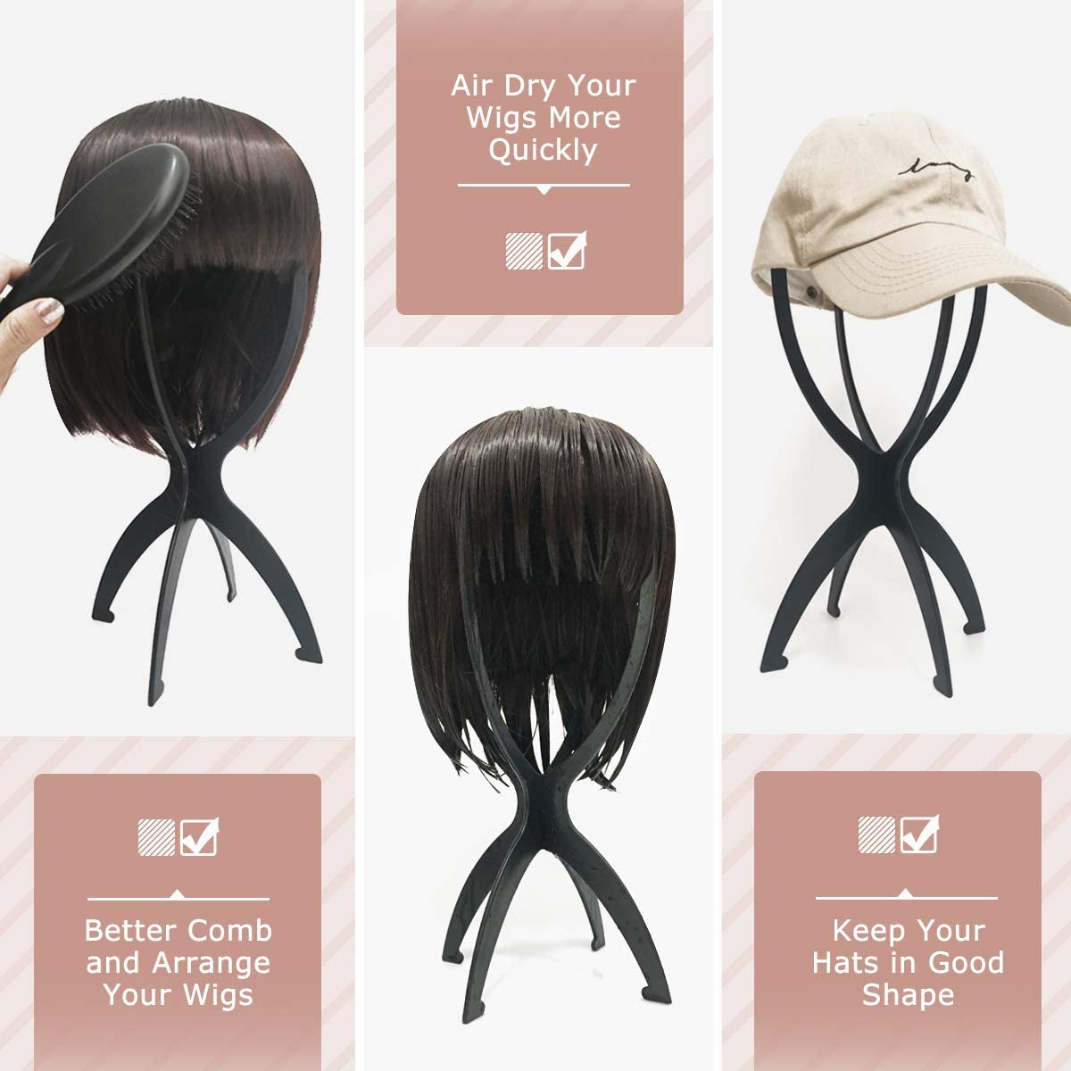 Wig Stand, Wig Head Stand for Multiple Wigs, Black, 3 Pack