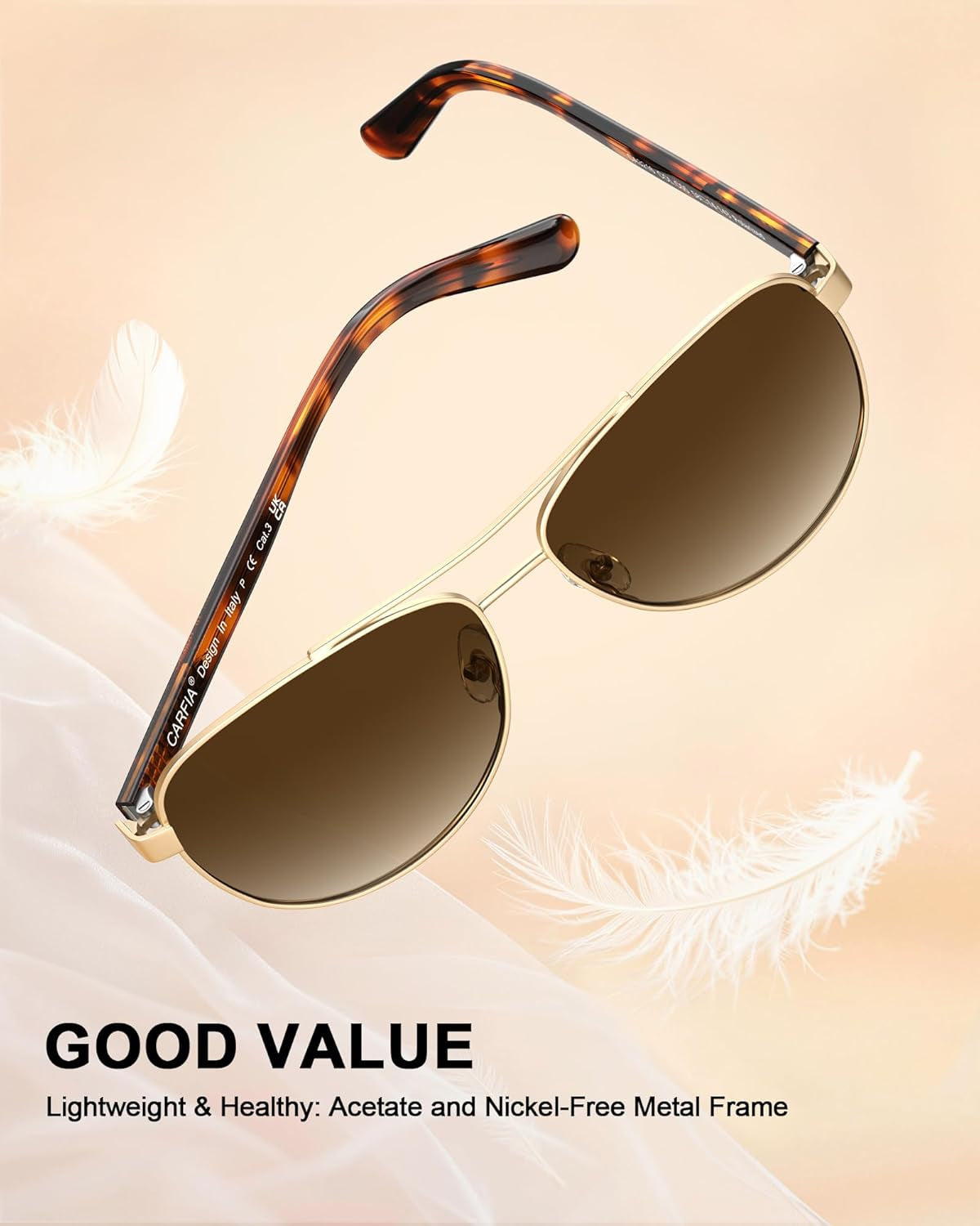 Polarized Sunglasses for Women UV400 Protection CA3216 | Handcrafted Acetate, Nickel-Free Metal Frame, Elegant Design, Shatterproof Lenses, Includes Leather Case, for Driving, Daily