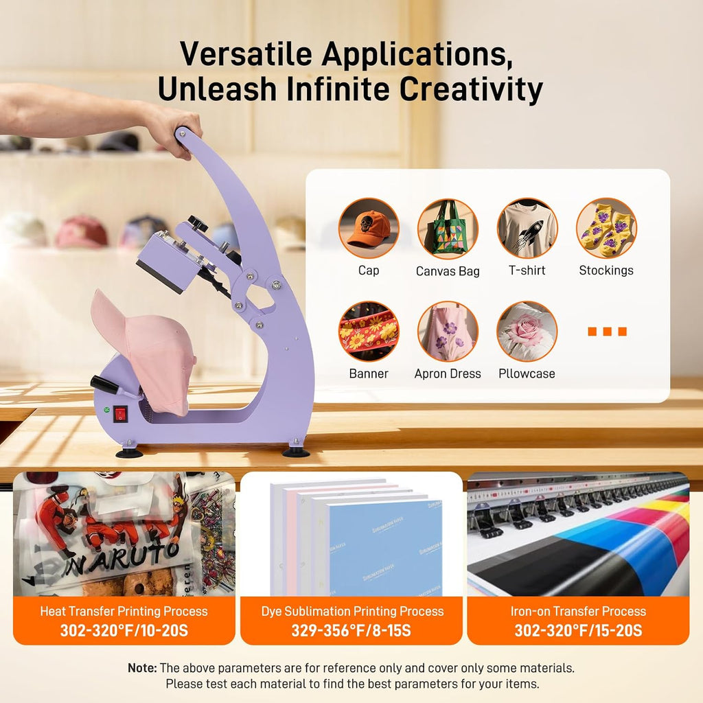 Hat Heat Press Machine, Precise Temp/Timer Control, 6.54"X3.84"Curved Heat Plate, Hat Stretcher, Safety Base, 2 Hat Pad, Glove, Heat Press Heat for Caps, Sublimation, Vinyl, Heat Transfer