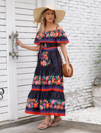 Women Mexican Dress off Shoulder Floral Long Maxi Dress Summer Beach Party Cinco De Mayo Dresses with Belt