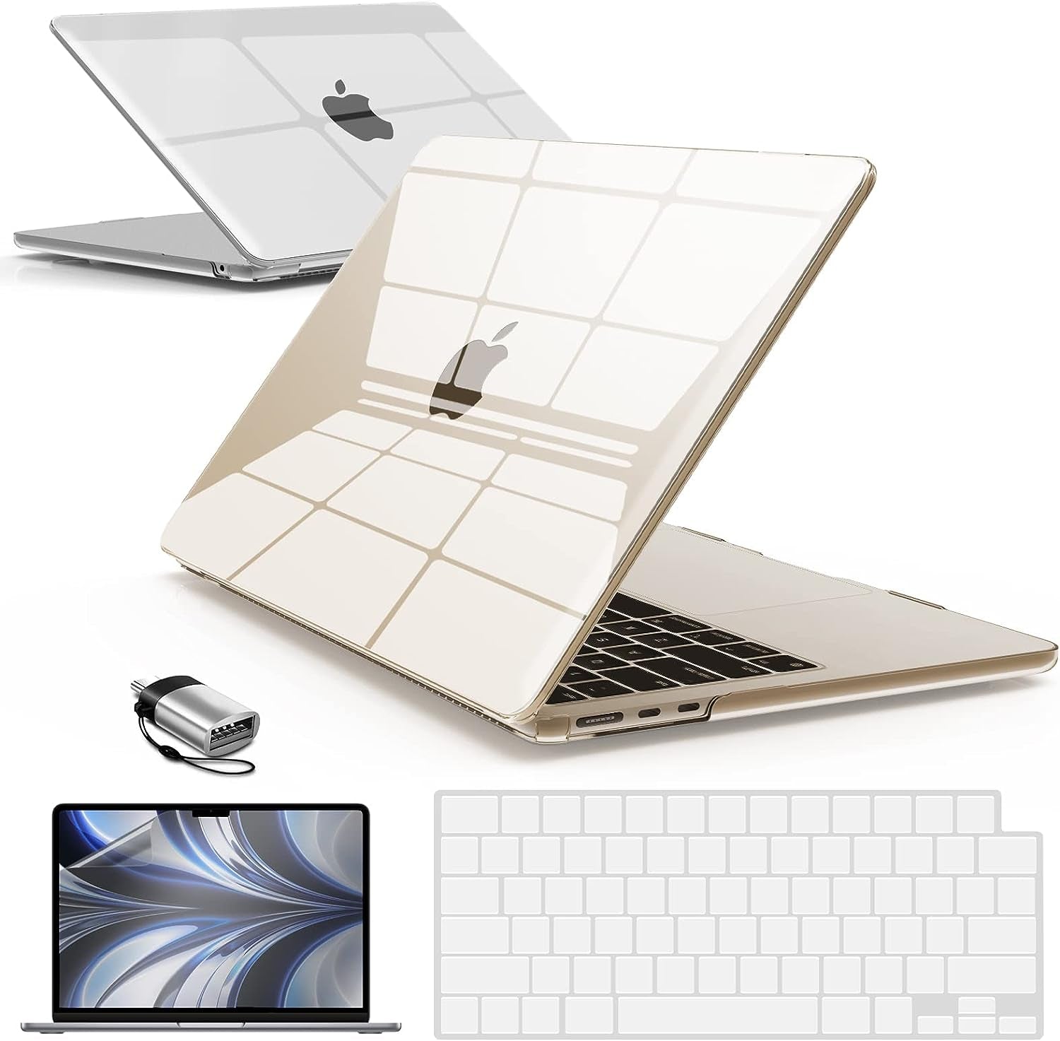 Compatible with 2024 2023 2022 Macbook Air 13 Inch Case M3 A3113 M2 A2681, Hardshell Case & Keyboardcover & Screenfilm & Type-C Adapter for Mac Air 13.6, Crystal Clear, AT13-KK-CYCL+2TC