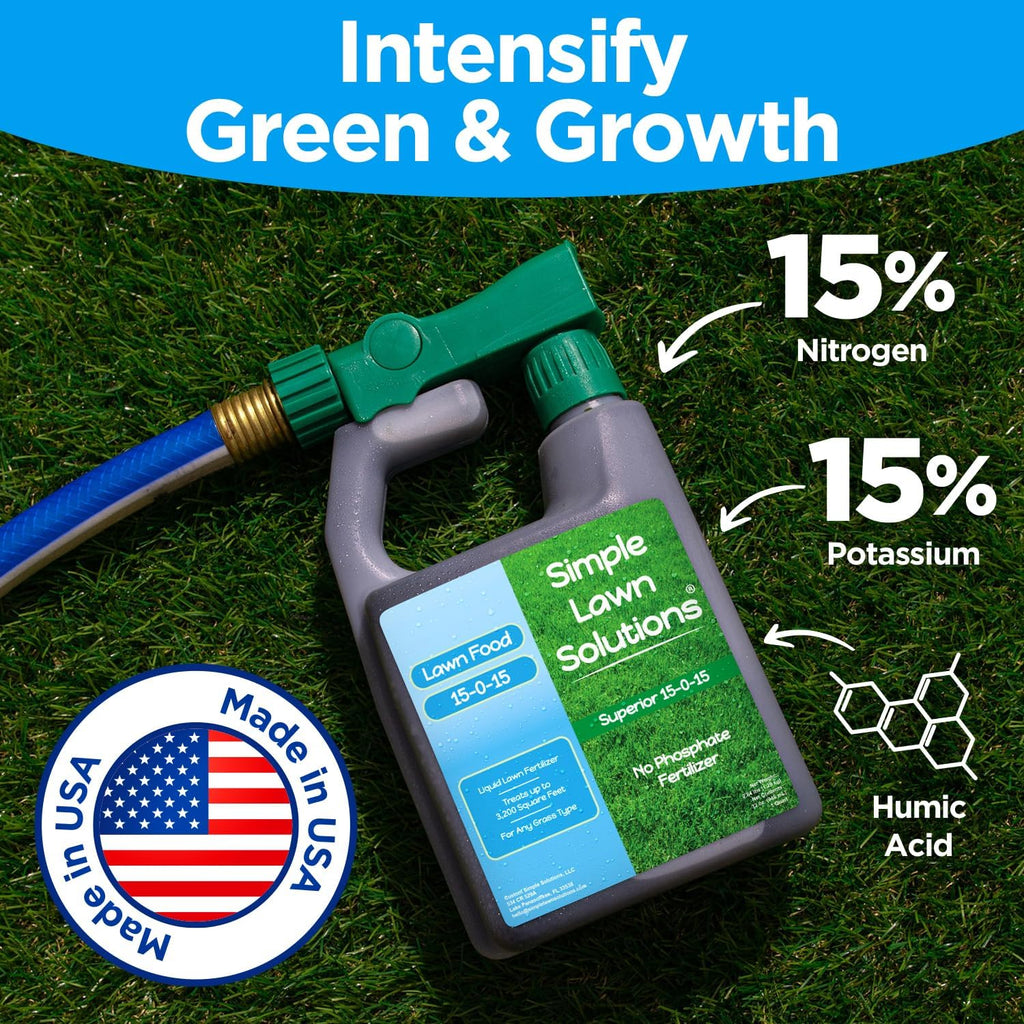 Superior 15-0-15 Liquid Lawn Fertilizer - Lawn Food for Growth & Green - Nitrogen, Potassium, Humic, Fish & Seaweed - Any Grass Type-  - All Season- Attached Sprayer (32 Ounce)