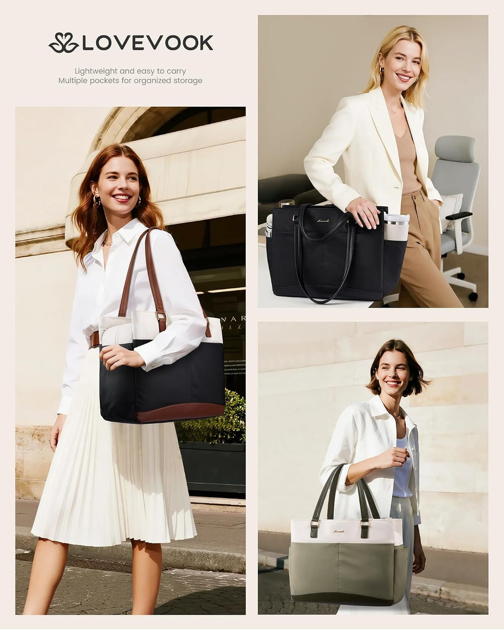 Laptop Tote Bag for Women with 3 Separate Pocket Work Bag with Large Cup Holder Computer Briefcase for Teacher Nurse