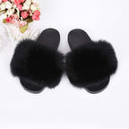 Real Fox Fur Slides for Women - Fluffy Fur Slippers Open Toe Flat Sandals for Outdoor