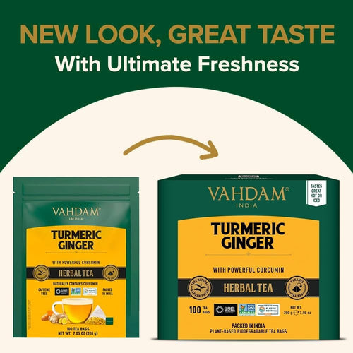 , Turmeric Ginger Herbal Tea Bags (100 Pyramid Tea Bags) Caffeine Free, Non GMO, Gluten Free | 100% Pure Herbal Blend - Savory & Spicy | Whole Loose Leaf Tea Bags