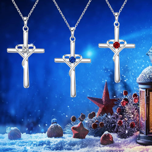 925 Sterling Silver Cross Necklace for Women Men 14K Gold Plated 5A CZ Birthstone Necklaces for Holiday