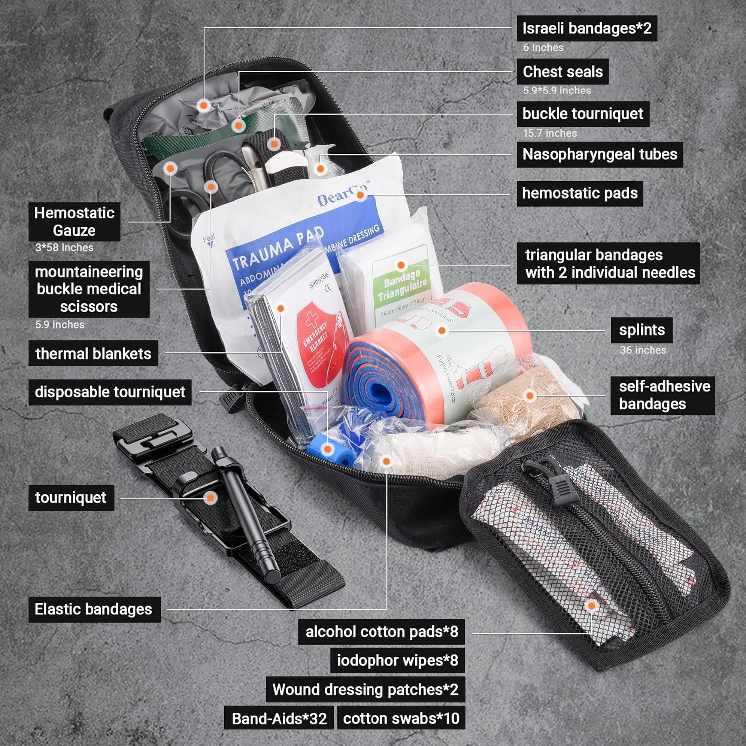 IFAK Trauma Kit with QEN Tourniquet, 6-Inch Israeli Bandage, Splint, Tactical First Aid Kit for Car, Camping, Hiking and Travel with Molle Bag (78 Piece)