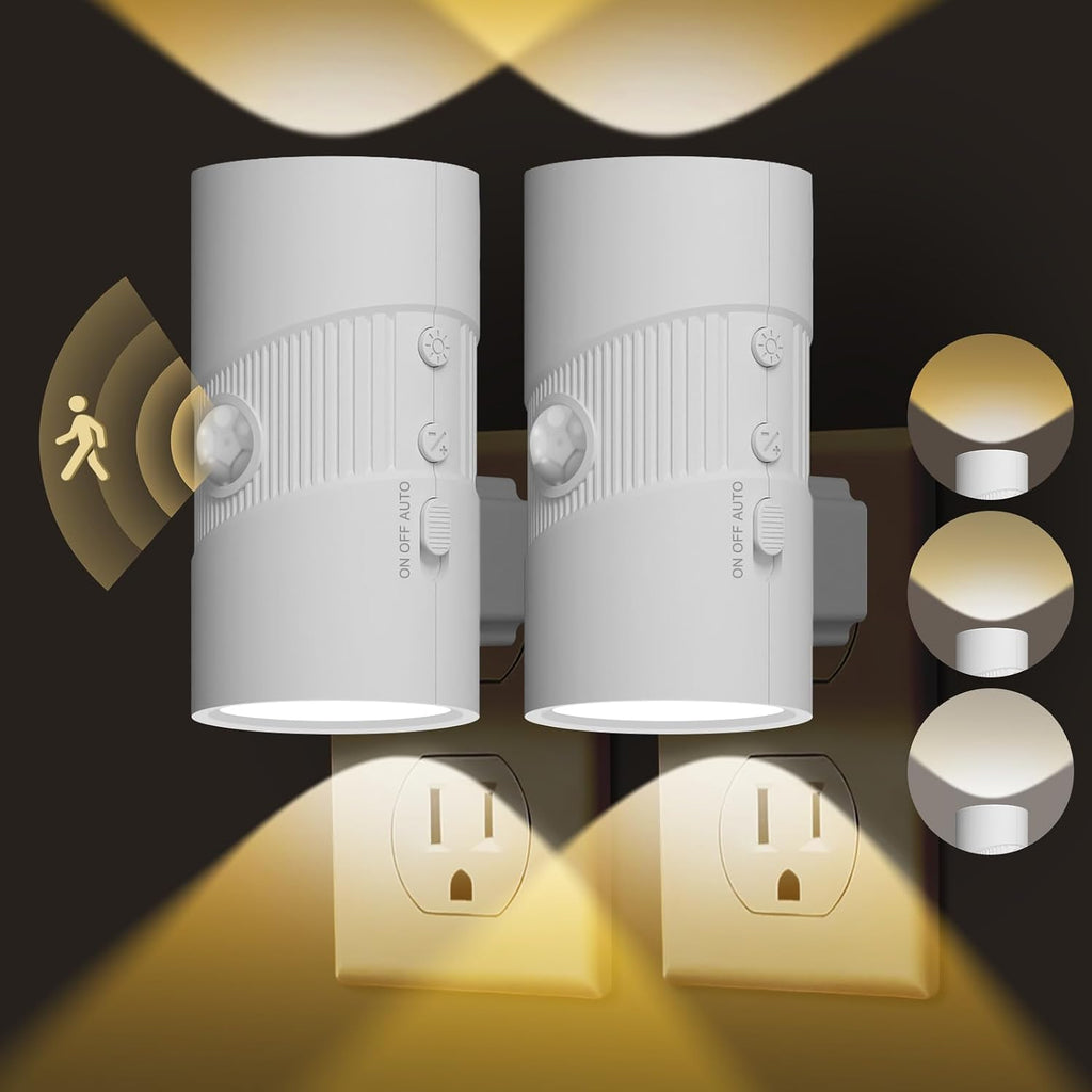 Motion Sensor Light Indoor, Night Lights Plug into Wall, Motion Sensor & Dusk to Dawn Sensor, 3 Light Modes, Dimmable Night Light for Bedroom Bathroom Hallway Kitchen Stairs (White, 2 Pack)