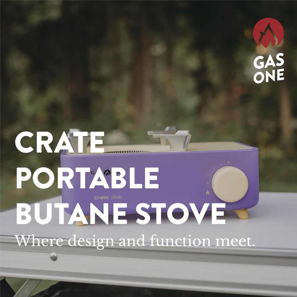 Butane Fuel Camp Stove – Crate Series - Mini Stove for Camping, Hiking – Portable Gas Stove with Spiral Flame – Even Heat Distribution – Modern and Easy to Use (Violet)