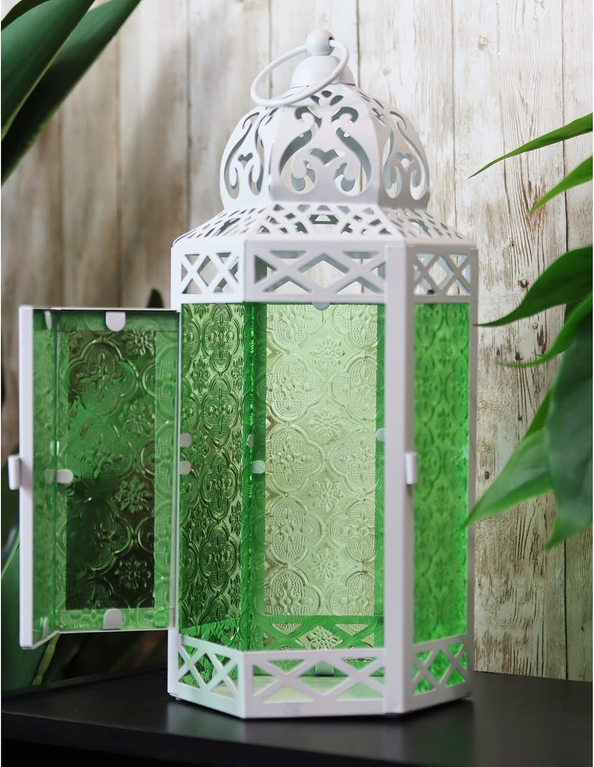 Decorative Indoor Candle Holder Table Centerpieces - Moroccan Hanging Outdoor Patio & Porch Home Decor, Turkish Lamp for Wedding, Ramadan (Large 12", White Green)