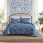 Laura Ashley - Quilt Set, Super Soft Fabric Bedding with Matching Shams, Toile-Inspired Print, Floral Home Essentials (Elaina Blue, King)