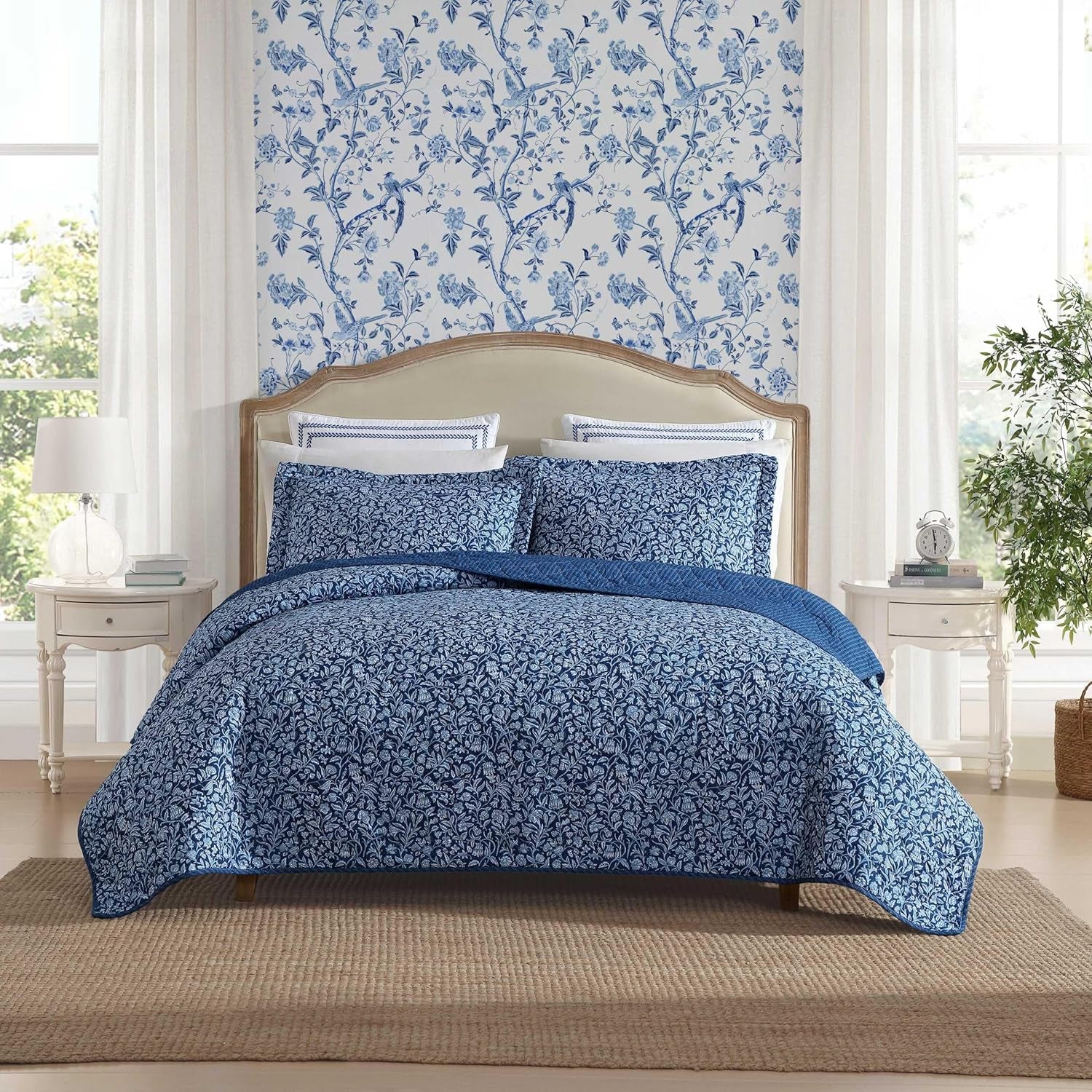 Laura Ashley - Quilt Set, Super Soft Fabric Bedding with Matching Shams, Toile-Inspired Print, Floral Home Essentials (Elaina Blue, King)