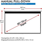 100 Inch Pull down Projector Screen, Manual Retractable 16:9, 8K / 4K HD & 3D Ready, Ceiling or Wall Mount, Auto Locking White Indoor Projection Screen for Home Theater, Office, AK-M100H1