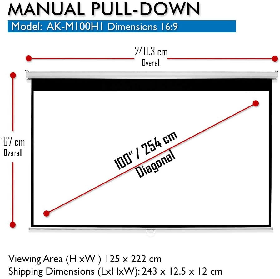 100 Inch Pull down Projector Screen, Manual Retractable 16:9, 8K / 4K HD & 3D Ready, Ceiling or Wall Mount, Auto Locking White Indoor Projection Screen for Home Theater, Office, AK-M100H1