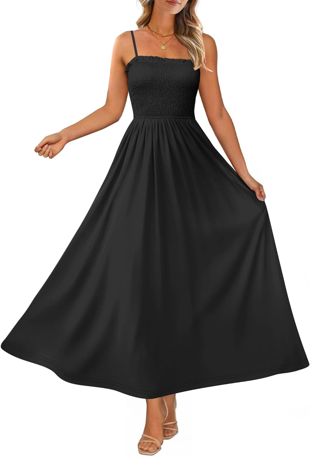 Womens Spaghetti Strap Maxi Dresses Smocked with Pockets 2026 Summer Spring Casual Boho Beach Long Sundresses
