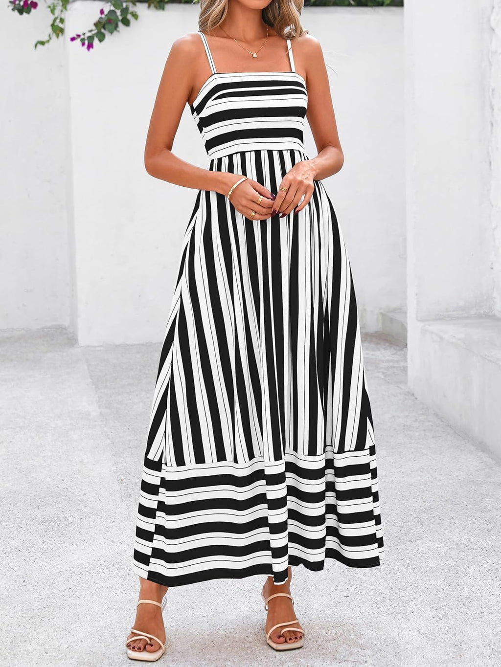 Womens Boho Floral Striped Summer Maxi Dresses Spaghetti Strap | Summer 2026 Wedding Guest Beach Vacation Flowy Long Dress, Casual Square Neck Tiered Dress, Empire Waist a Line Dress Pockets