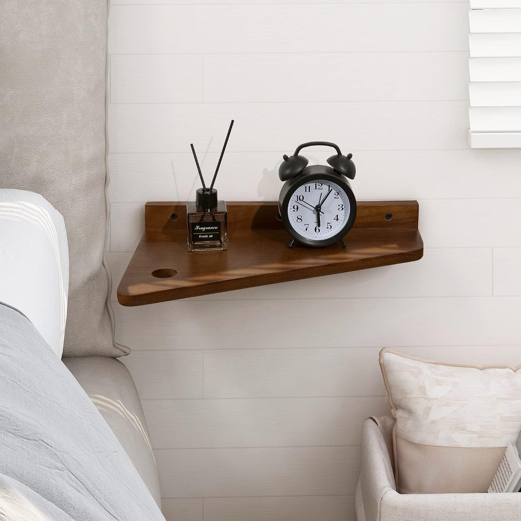 Floating Nightstand Set of 2 Walnut Bedside Shelf for Small Spaces | Wall Mounted Bedside Table with Cable Hole, Wooden Versatile Storage Organizer for Bedroom, Trapezoidal Design, Space Saving