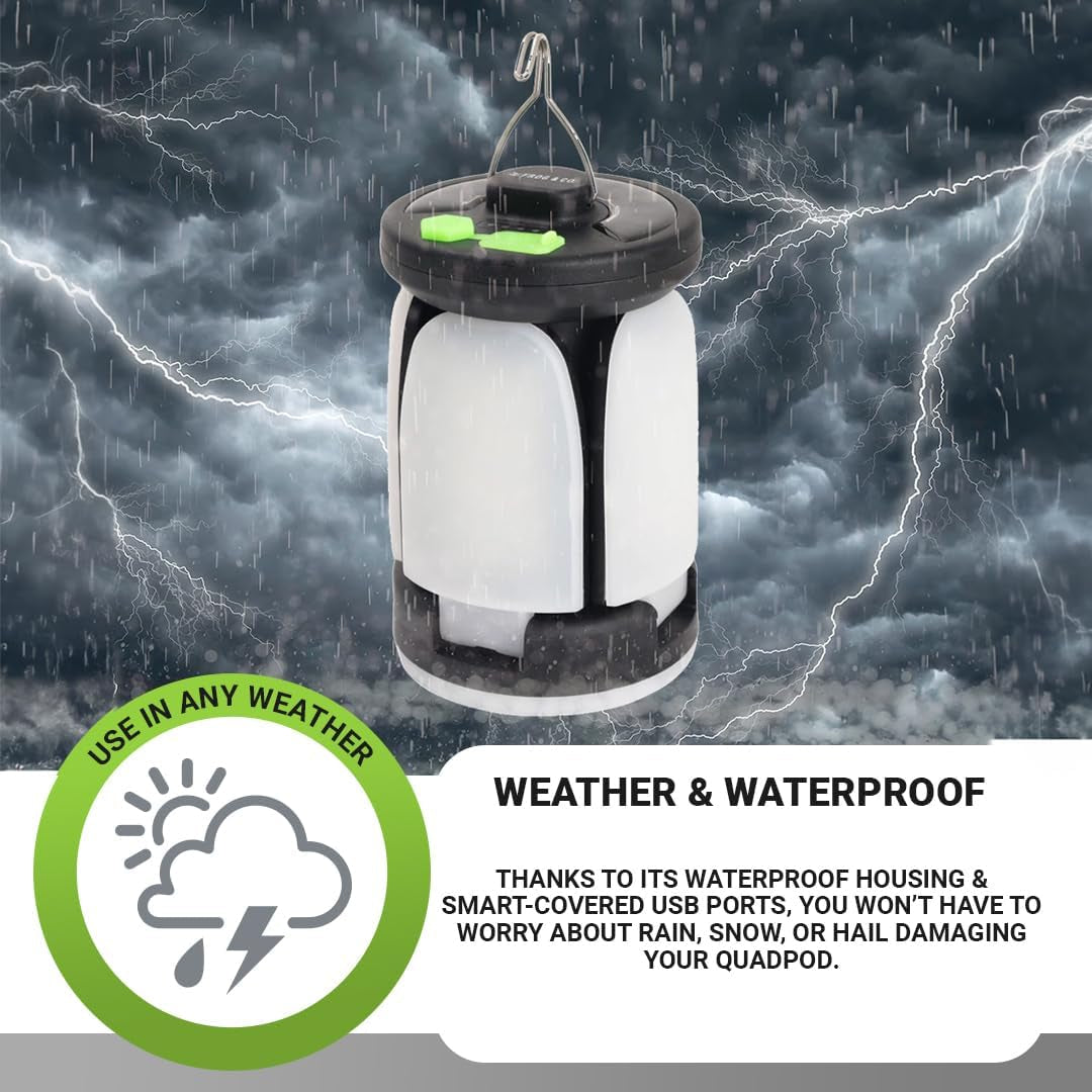 Quadpod Solar Camping Lantern for Camping - Portable Rechargeable LED Lamp Backup Power Bank Perfect for Hiking, Travel and More - Emergency Light for Power Outages, Hurricane, Survival Kits