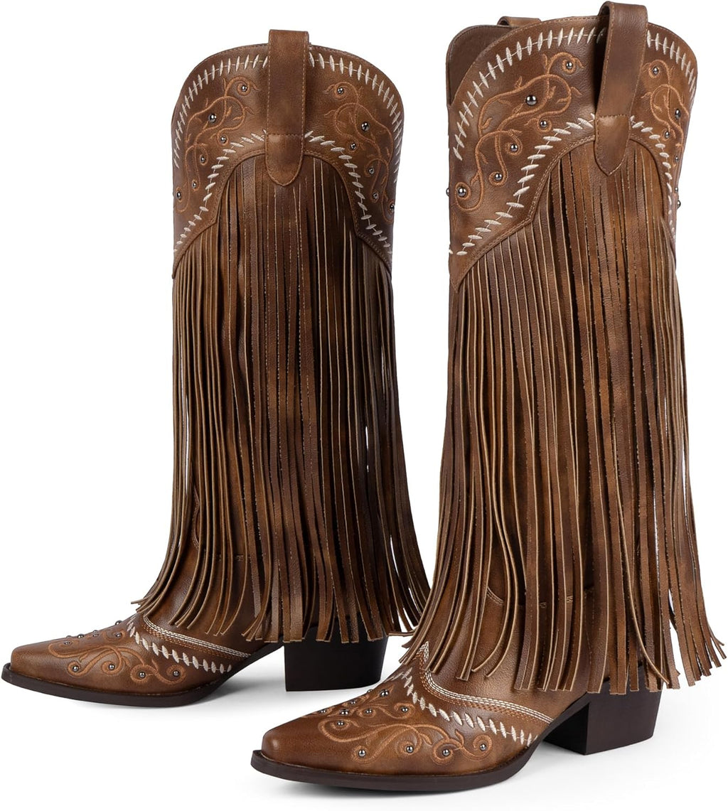 Fringe Cowboy Boots for Women Knee High Cowgirl Boots | Embroidered & Fringe Detail, Pointed Toe Mid Block Heel, All-Day Comfort, Fits Festivals, Parties, Weddings & All Occasions