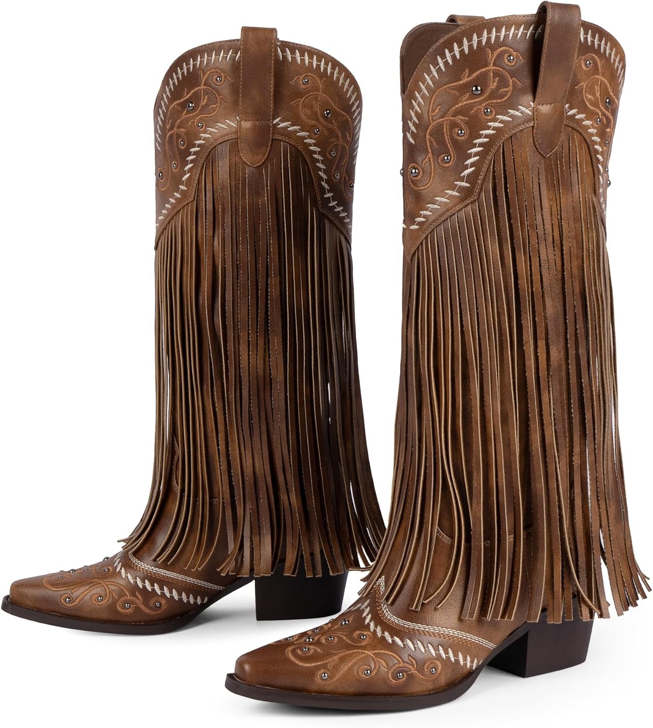 Fringe Cowboy Boots for Women Knee High Cowgirl Boots | Embroidered & Fringe Detail, Pointed Toe Mid Block Heel, All-Day Comfort, Fits Festivals, Parties, Weddings & All Occasions