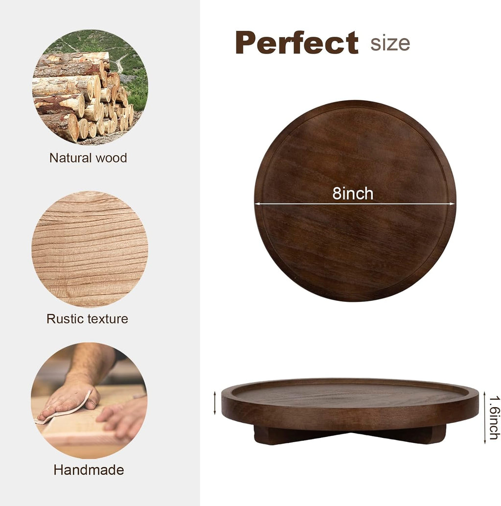 round Decorative Tray Farmhouse Kitchen Decor Soap Dish, 8" Walnut | Waterproof, Lightweight, Easy Clean, Wood Riser Pedestal Stand Accessories for Office Desk, Vanity, Counter, Sink