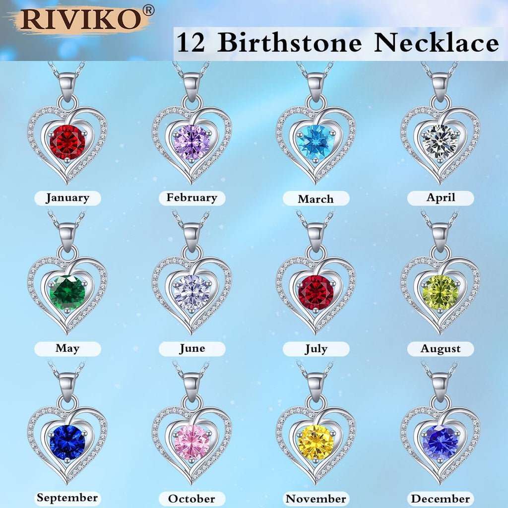Heart Birthstone Pendant Necklace for Women 925 Sterling Silver Zirconia Necklaces Valentine'S Day Anniversary Birthday Mothers Day Jewelry Gifts for Her Mother Wife