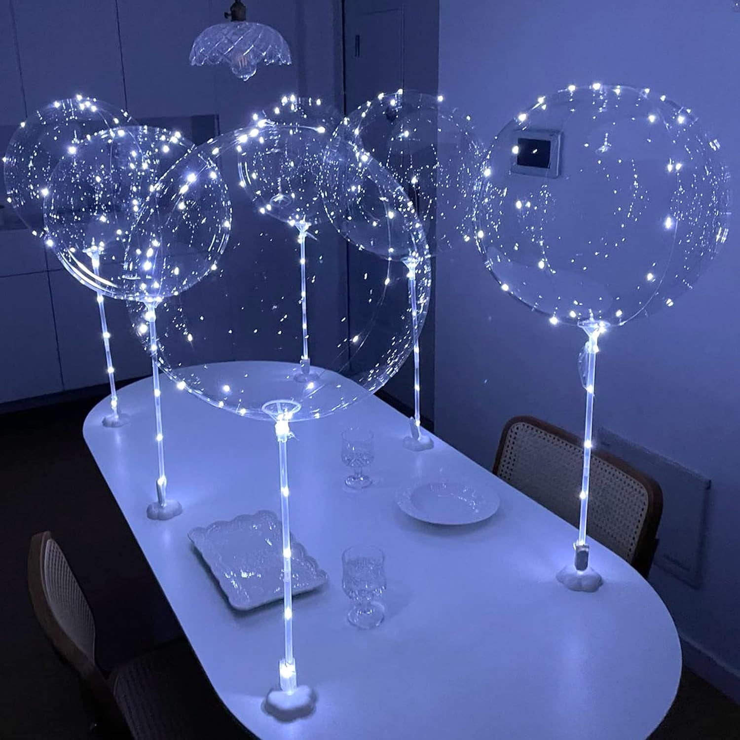 Cold White 6Pc LED Light up Balloon with Sticks, Stands and Batterys, Centerpieces for Party No Helium Required DIY Kit (Cold White)