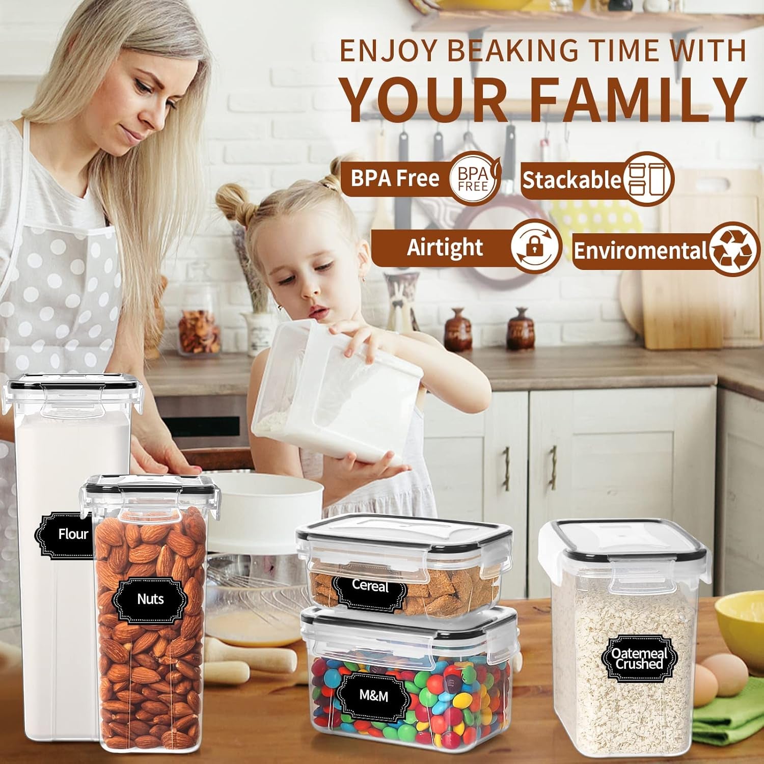 Airtight Food Storage Containers with Lids, 12PCS Plastic Kitchen Storage Containers for Pantry Organizers and Storage - Cereal, Rice, Flour and Sugar Containers with Labels & Marker