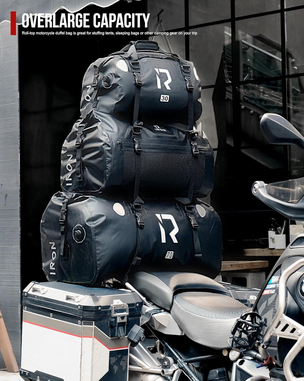 Motorcycle Dry Bag, Waterproof Duffel Bag with Roll-Top Closure | 30L Motorcycle Tail Bag, Fully Waterproof, Wet-Dry Storage, Quick Mounting, Air Valve, MOLLE, Reflective Trim