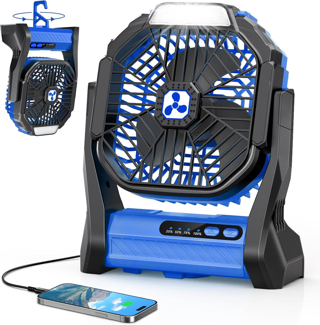 Portable Rechargeable Fan, 20000Mah Cordless Battery Powered Camping Fans | with LED Lantern Operated Outdoor Ventiladores for Travel Tent Camp Fishing Office Home Essentials Blue