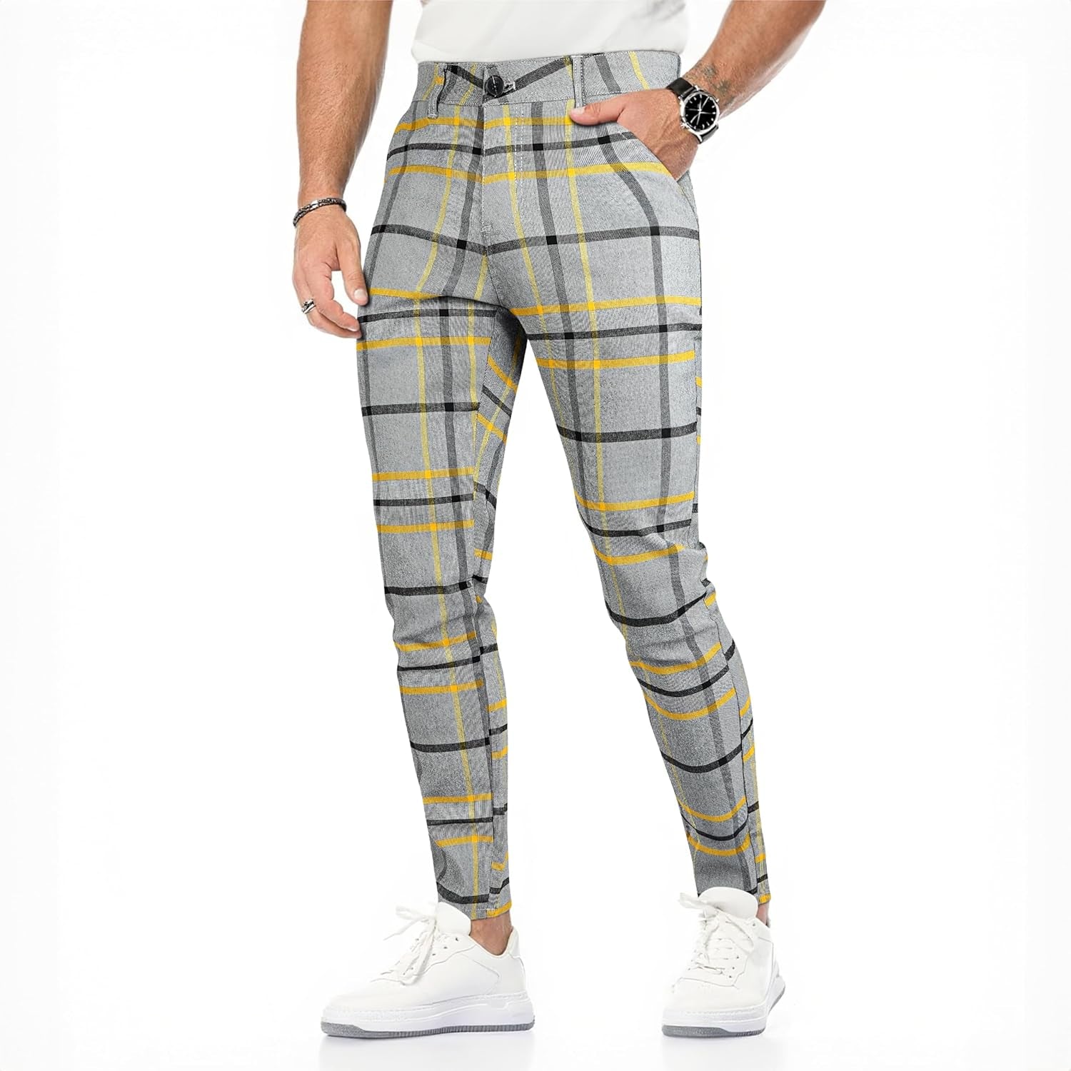 Mens Chinos Pants Slim Fit Stretch Plaid Dress