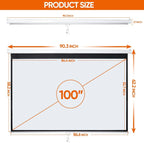 100'' 16:10 HD Projection Screen Foldable Anti-Crease Portable Projector Movie Screen Manual Pull down for Home Theater Presentation Education Outdoor Indoor Public Display, White