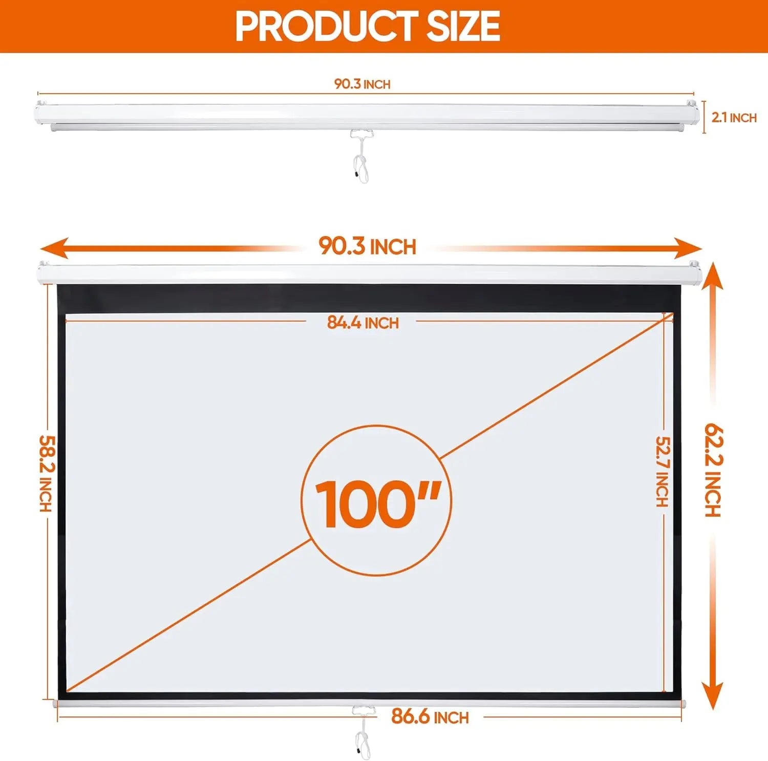 100'' 16:10 HD Projection Screen Foldable Anti-Crease Portable Projector Movie Screen Manual Pull down for Home Theater Presentation Education Outdoor Indoor Public Display, White