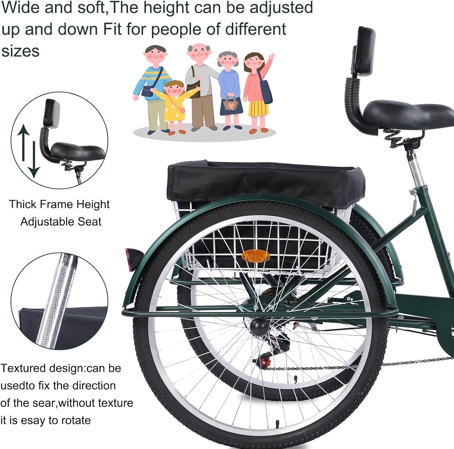 Versatile 24/26-Inch 3-Wheel Adult Tricycle with 7-Speed Gearing and Spacious Basket for Comfortable Riding and Storage for Recreation, Shopping, Picnics